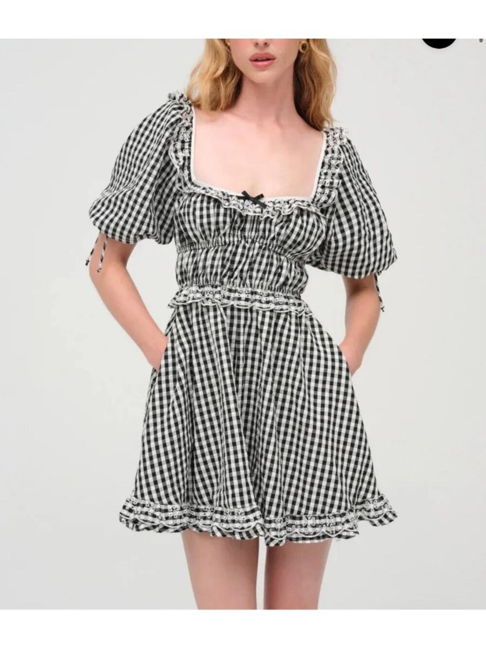 For Love & Lemons Jackson Mini Dress Womens Size L Black White Puff Sleeve O67